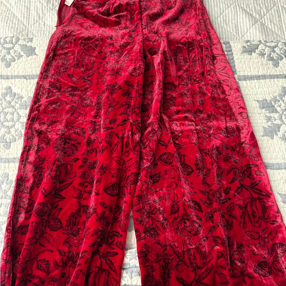 Anthropologie Red Floral Velvet Pants